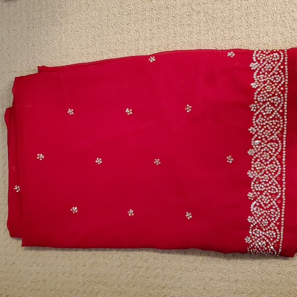 Saree - in cherry/tomato red with silver embroidery